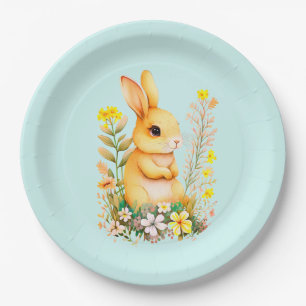 Plato De Papel Conejito de Pascua y flores en azul claro