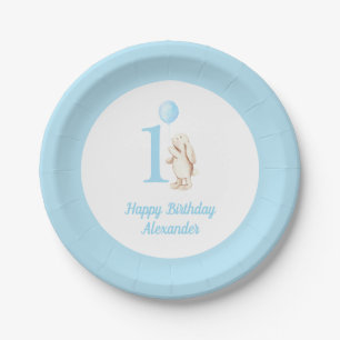 Plato De Papel Conejito y globo azul Feliz cumpleaños 1º