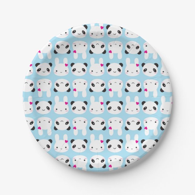Plato De Papel Conejito y panda lindos estupendos de Kawaii (Anverso)