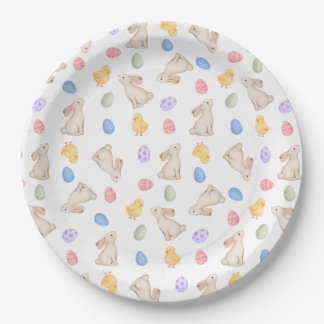 Plato De Papel Conejitos de Pascua, Huevo y Pollitos