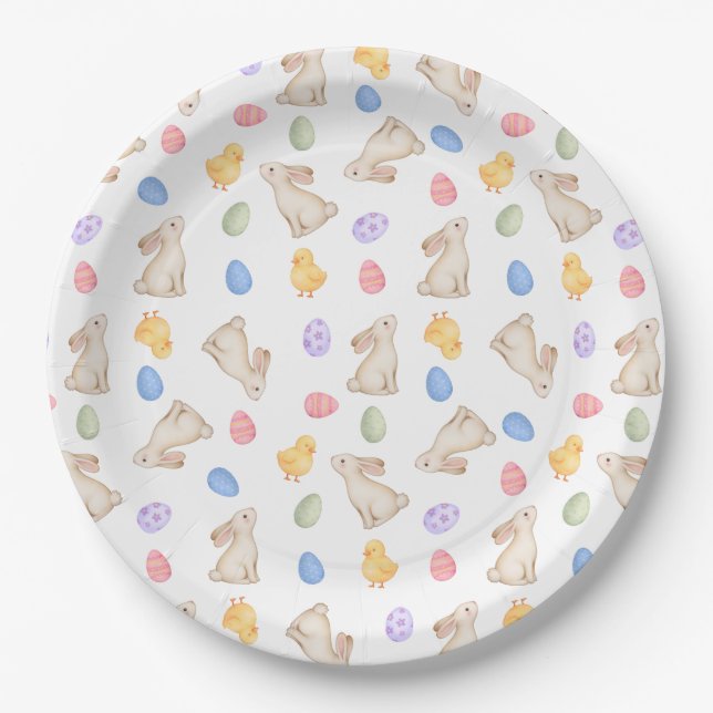 Plato De Papel Conejitos de Pascua, Huevo y Pollitos (Anverso)