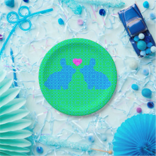 Plato De Papel Conejo azul y rosa enamorado