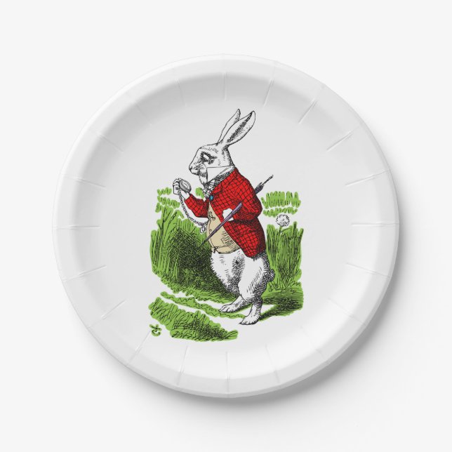 Plato De Papel Conejo Blanco mirando el reloj. Ilustración (Anverso)