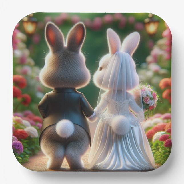 Plato De Papel Conejo Bride y Groom (Anverso)