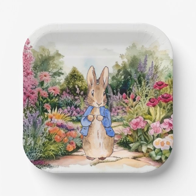 Plato De Papel Conejo clásico con chaqueta azul (Anverso)