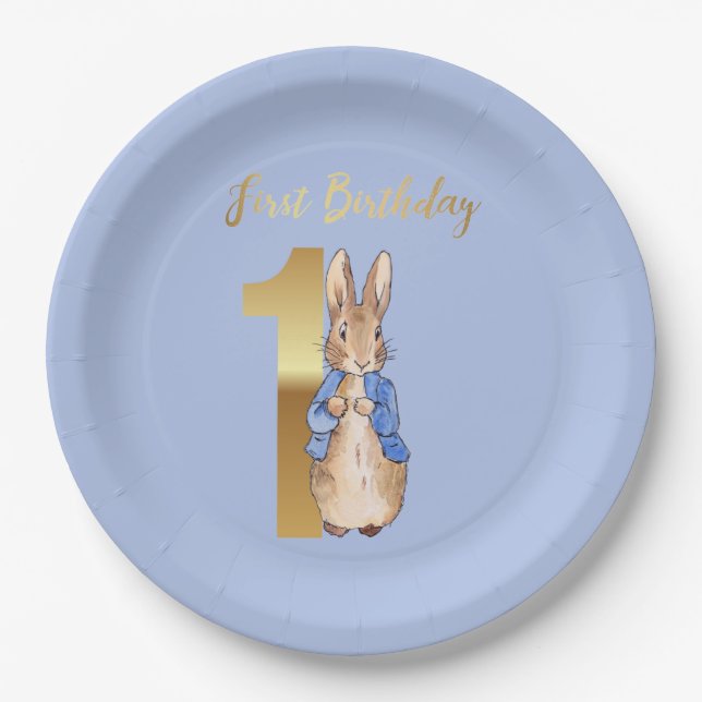 Plato De Papel Conejo clásico con chaqueta azul Cumpleaños primer (Anverso)