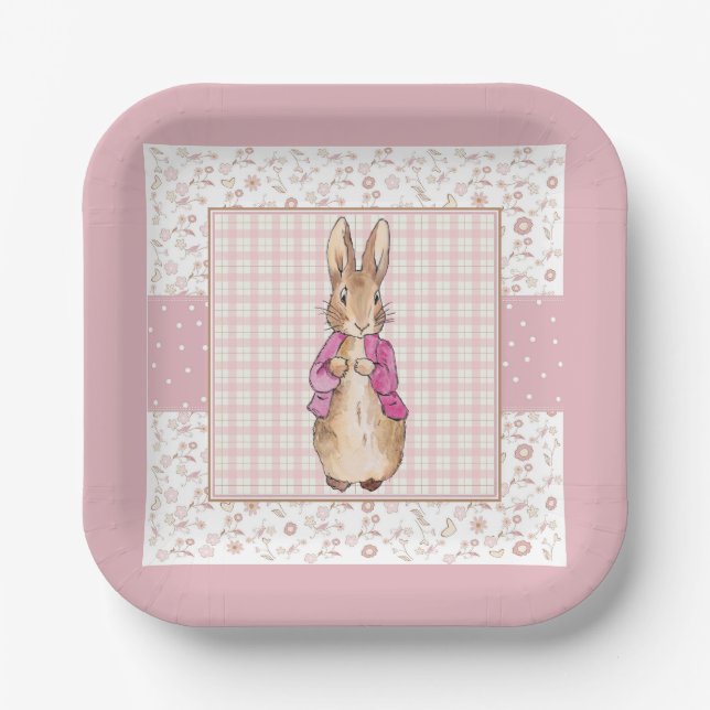 Plato De Papel Conejo clásico con chaqueta rosa (Anverso)