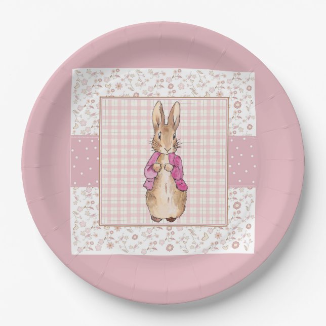 Plato De Papel Conejo clásico con chaqueta rosa (Anverso)