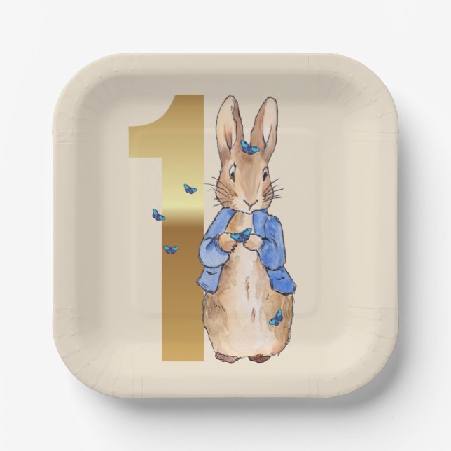 Plato De Papel Conejo Clásico de Cumpleaños Uno (Anverso)