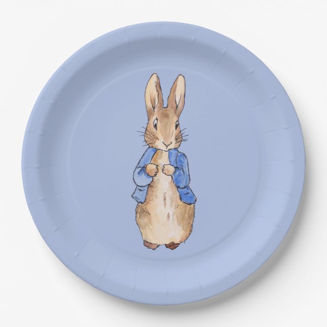 Plato De Papel conejo clásico sobre fondo azul (Anverso)