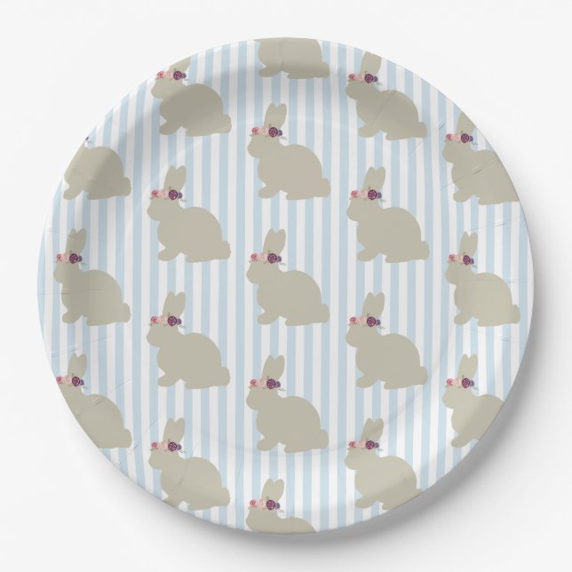 Plato De Papel Conejo con Flor de Raya Azul (Anverso)
