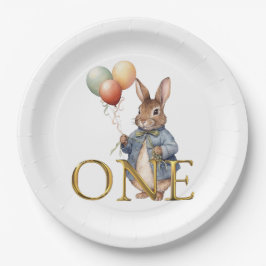 Plato De Papel Conejo con globos Cumpleaños uno primero