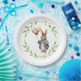Plato De Papel Conejo con globos de colores y corona verde
