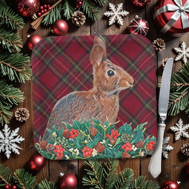 Plato De Papel Conejo con Holly Berries y Plaid (A classic red and green plaid and rabbit make a cute paper Christmas plate for parties and leftovers)