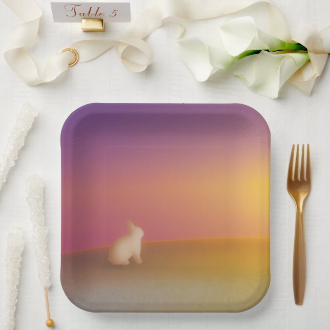 Plato De Papel Conejo conejo blanco lindo en la colina de Grassy  (Boda)