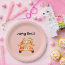 Plato De Papel Conejo de chofer Feliz Pascua en rosa