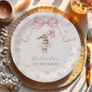 Plato De Papel Conejo de Cumpleaños con Lazo Coquette Floral Rosa