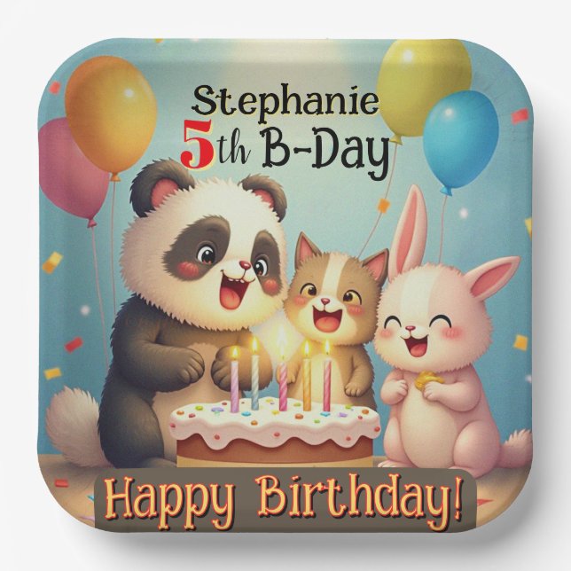 Plato De Papel Conejo de Cumpleaños Panda Gato Animales (Anverso)