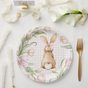 Plato De Papel Conejo de gingham rosa Tulipanes florales
