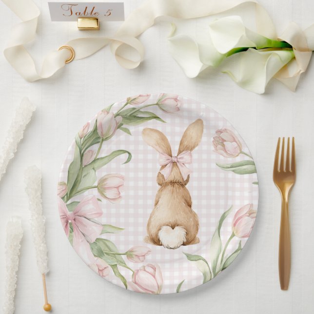 Plato De Papel Conejo de gingham rosa Tulipanes florales  (Boda)