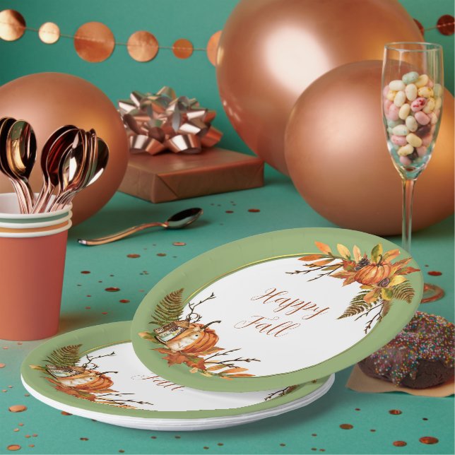 Plato De Papel Conejo de otoño y calabazas con texto personalizab (Multi)