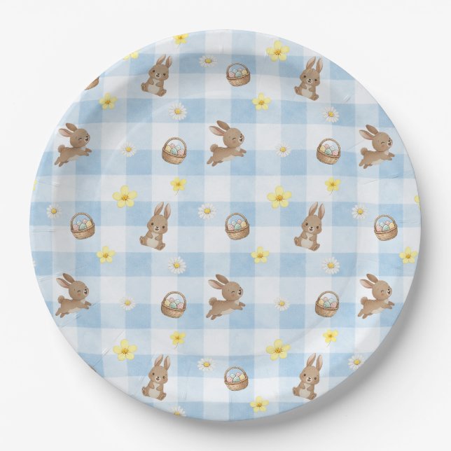 Plato De Papel Conejo de Pascua a Cuadros Azules (Anverso)