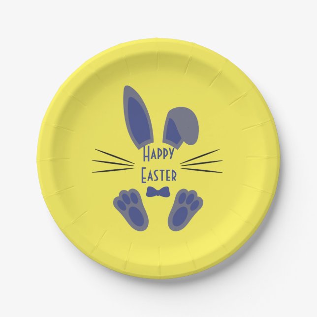 Plato De Papel Conejo de Pascua Azul y Amarillo (Anverso)