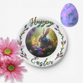 Plato De Papel Conejo de Pascua con cesta de huevos
