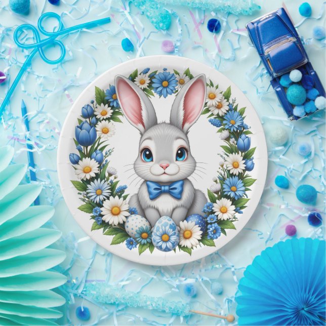 Plato De Papel Conejo de Pascua con flores  (Fiesta)