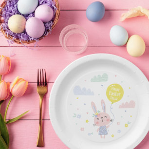 Plato De Papel Conejo de Pascua con flores, nubes y globos