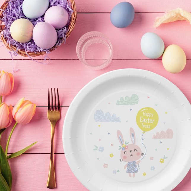 Plato De Papel Conejo de Pascua con flores, nubes y globos (Subido por el creador)