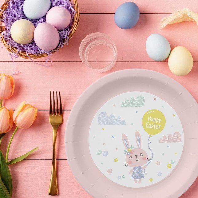 Plato De Papel Conejo de Pascua con flores, nubes y globos (Subido por el creador)