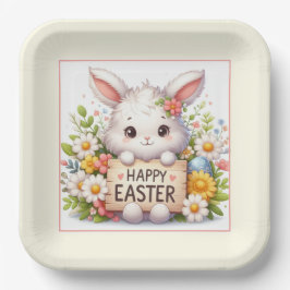 Plato De Papel Conejo de Pascua con Rótulo de Pascua