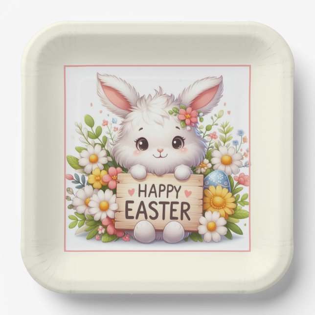 Plato De Papel Conejo de Pascua con Rótulo de Pascua (Anverso)