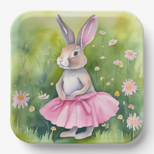 Plato De Papel Conejo de Pascua con tutú rosa (Anverso)