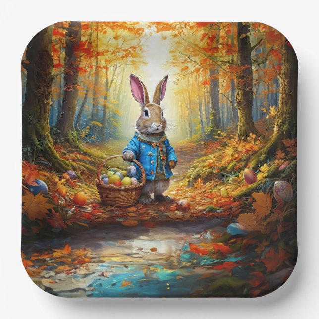 Plato De Papel Conejo de Pascua en el bosque (Anverso)