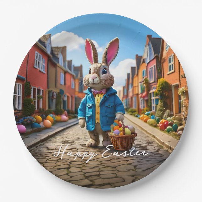 Plato De Papel conejo de Pascua en el bosque (Anverso)