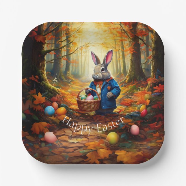 Plato De Papel Conejo de Pascua en el bosque (Anverso)