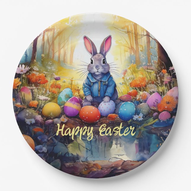 Plato De Papel conejo de Pascua en el bosque (Anverso)