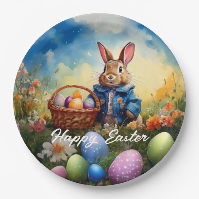 Plato De Papel conejo de Pascua en el bosque (Anverso)