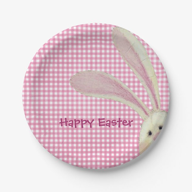 Plato De Papel Conejo de Pascua en Pink Gingham (Anverso)