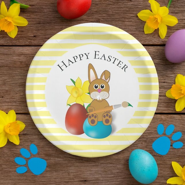 Plato De Papel Conejo de Pascua feliz con fiesta de huevos de fie (Happy Easter paper plate with collage bunny & eggs artwork.  A charming plate for family brunch. )