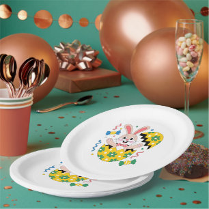Plato De Papel Conejo de Pascua Feliz Saliendo del Huevo