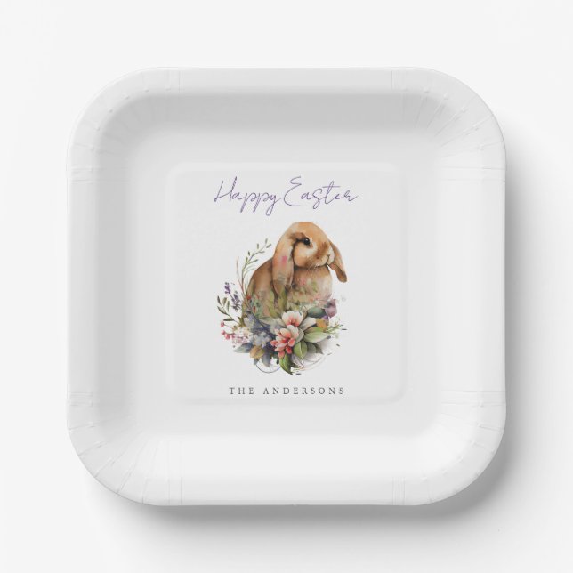 Plato De Papel Conejo de Pascua floral (Anverso)