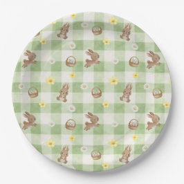 Plato De Papel Conejo de Pascua Gingham Verde