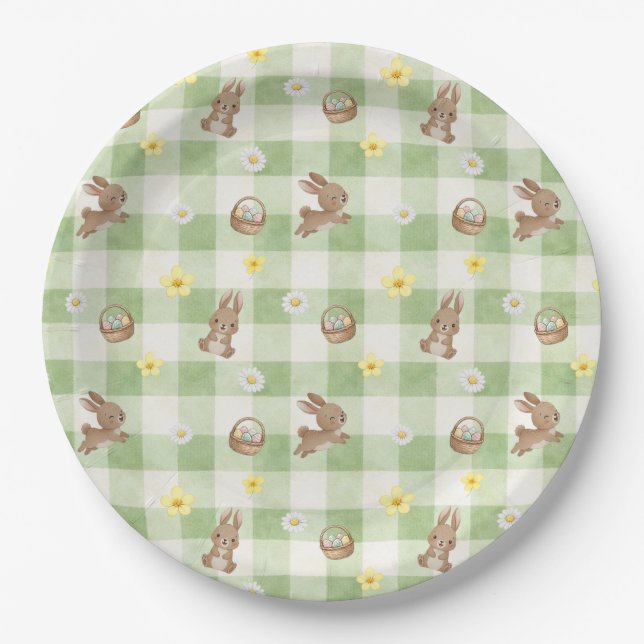 Plato De Papel Conejo de Pascua Gingham Verde (Anverso)
