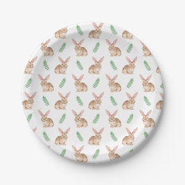 Plato De Papel Conejo de Pascua marrón y patrón de vegetación en