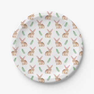 Plato De Papel Conejo de Pascua marrón y patrón de vegetación en