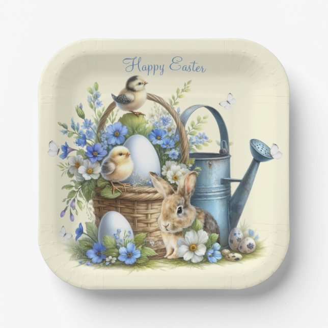 Plato De Papel Conejo de Pascua Personalizado Acuarela (Anverso)