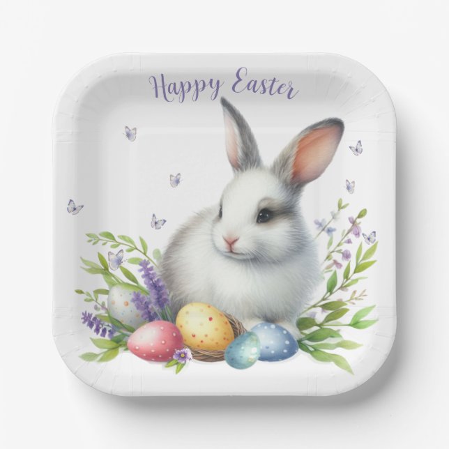 Plato De Papel Conejo de Pascua Personalizado Acuarela (Anverso)